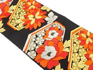 アンティーク　変わり亀甲に牡丹・菊模様織り出し袋帯（着用可）